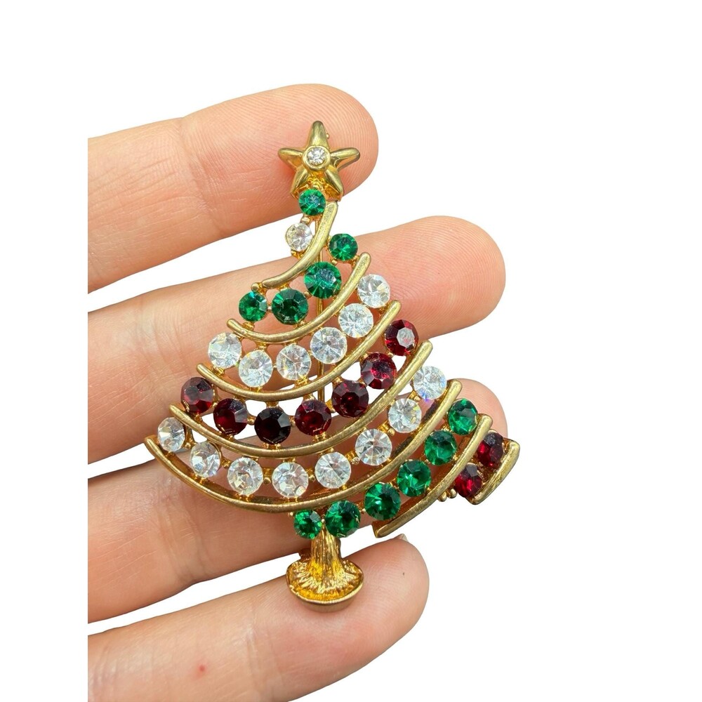 Vintage Mid Century Rhinestone Gold tone Christmas Tree Red And Green Rhinestone